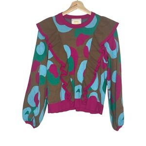 Emily McCarthy  Abstract Leopard Print Ruffle Knit Sweater XS Multicolor Brown